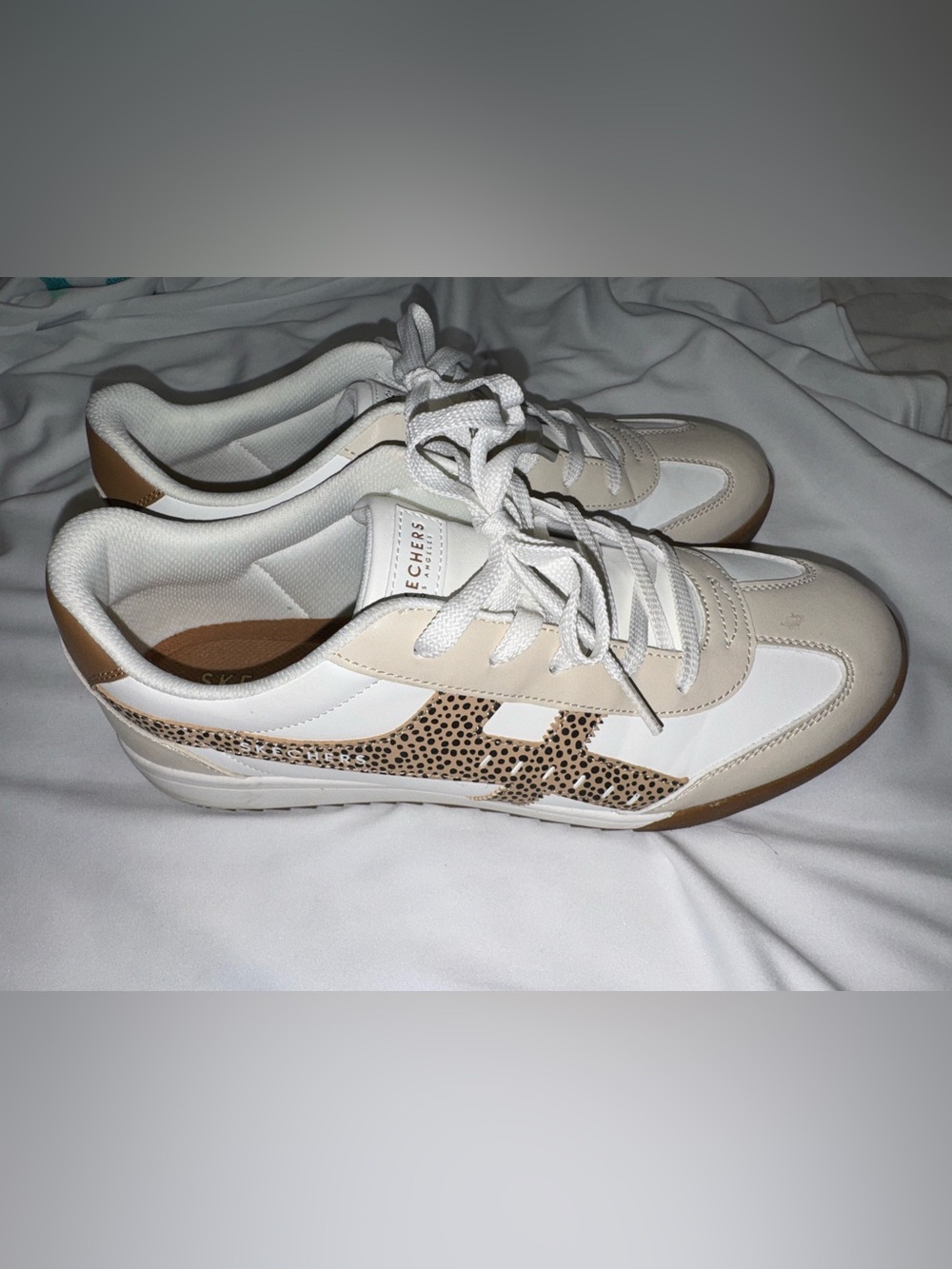 Skechers Women’s White & Tan Leopard-Accent Sneakers